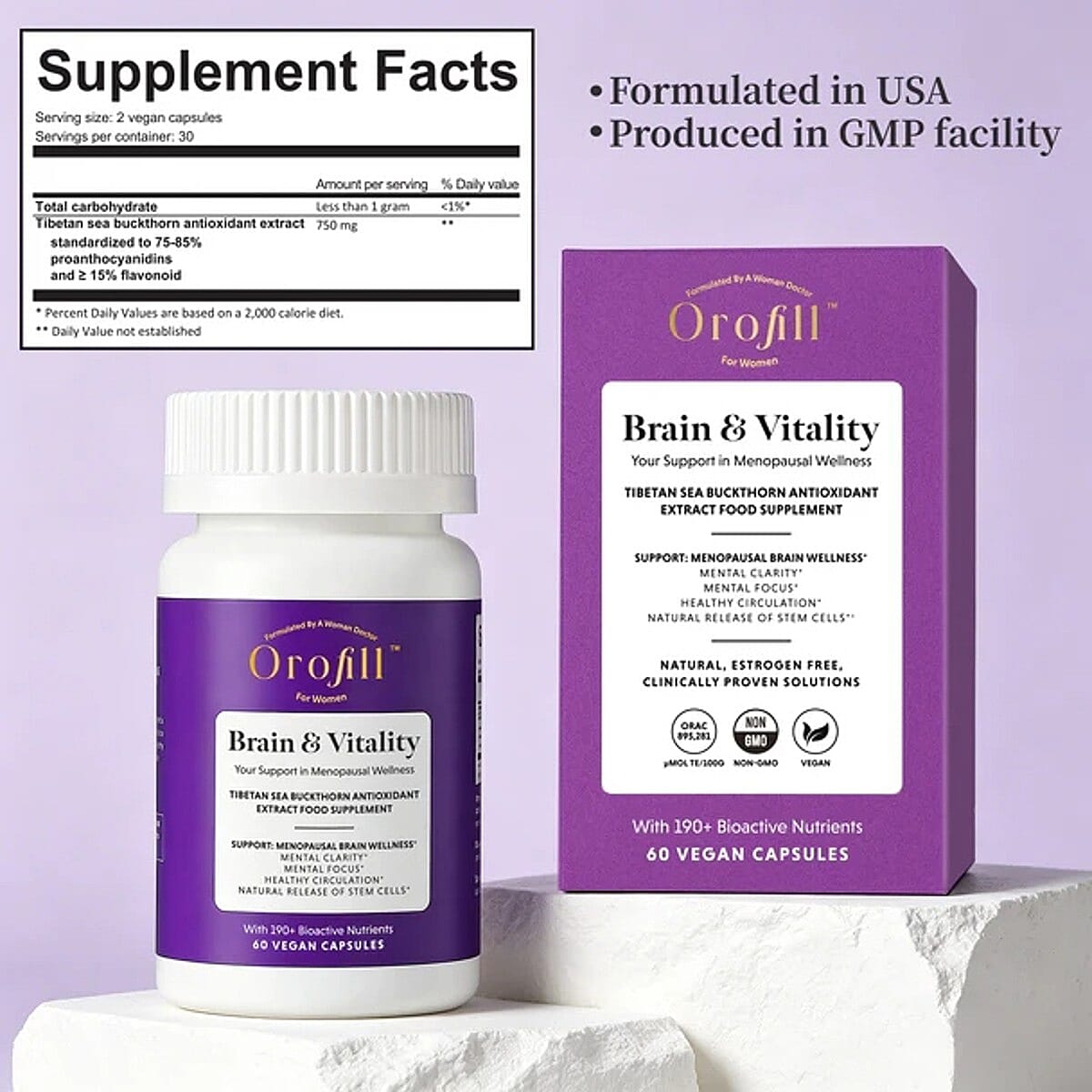 OroFill Brain & Vitality Tibetan Sea Buckthorn Extract Dietary Supplement (60 Vegan Capsules)