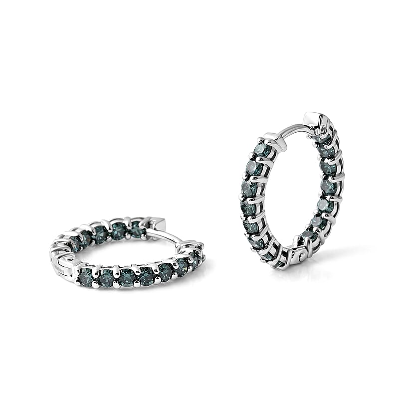 Luxuriant Lab Grown Green Diamond (IR) (IS) 2.00 ctw Verdant Classic Hoop Earrings in Rhodium Over Sterling Silver