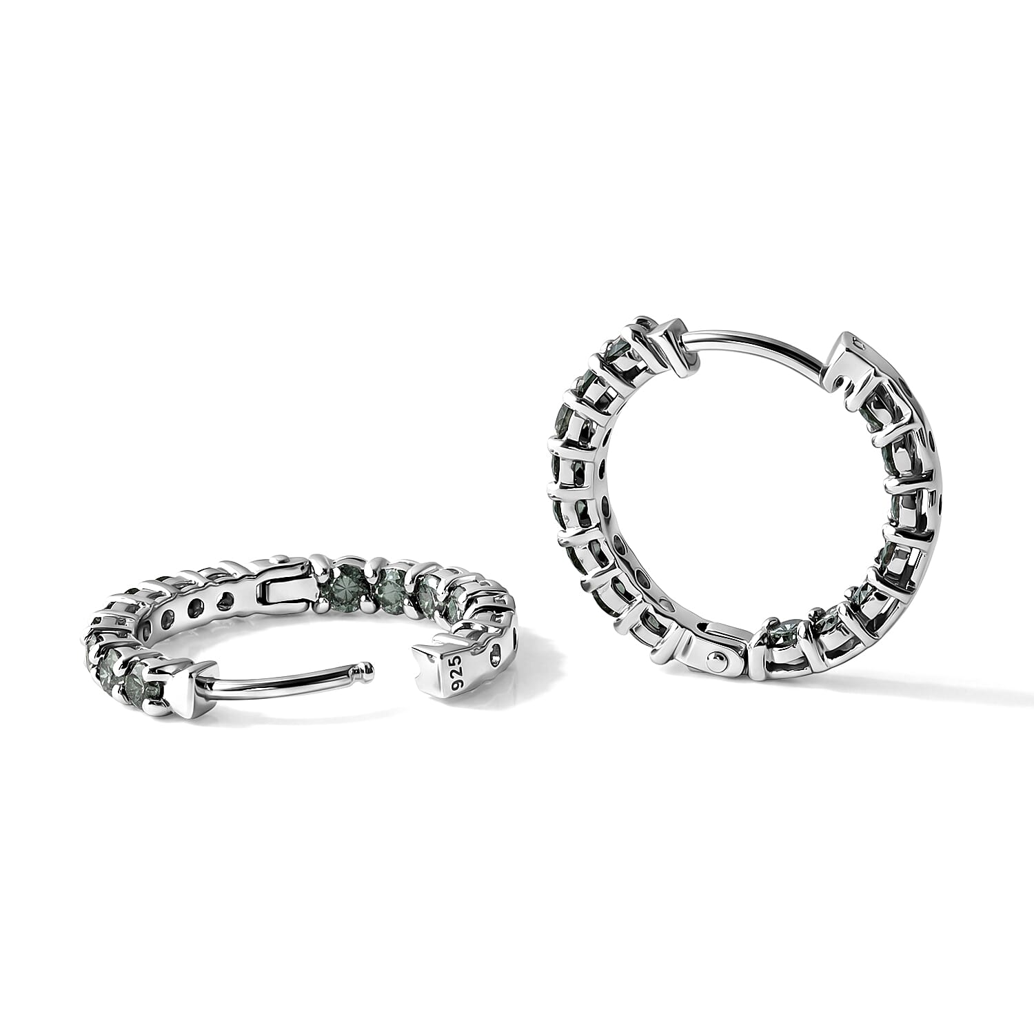 Luxuriant Lab Grown Green Diamond (IR) (IS) 2.00 ctw Verdant Classic Hoop Earrings in Rhodium Over Sterling Silver