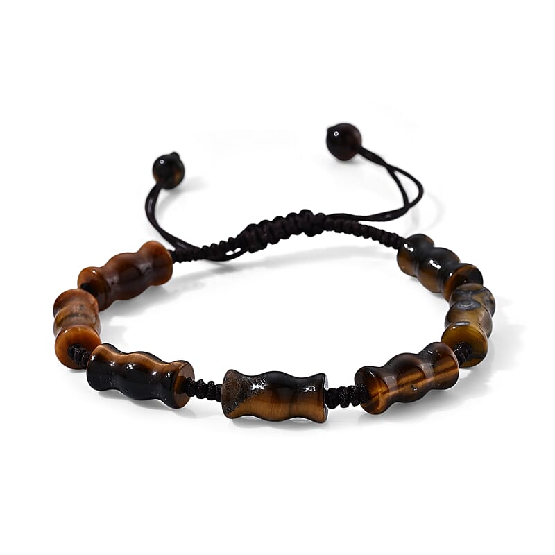 Yellow Tiger Eye 30.00 ctw Cotton Cord Beaded Bamboo Bracelet (6-9In)