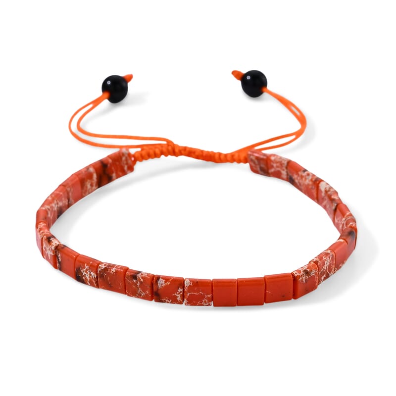 Orange Imperial Jasper and Black Agate 13.00 ctw Cord Beaded Double Line Bracelet (6-9In)
