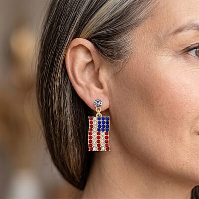 Crystal Studded USA Flag Pattern Earrings in Goldtone