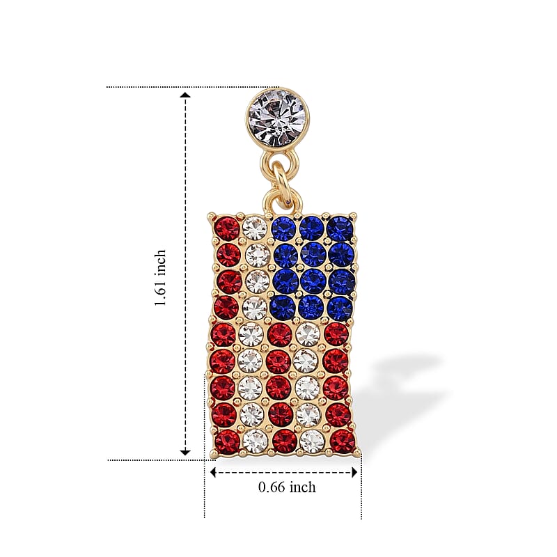 Multi Color Austrian Crystal USA Flag Pattern Earrings in Goldtone