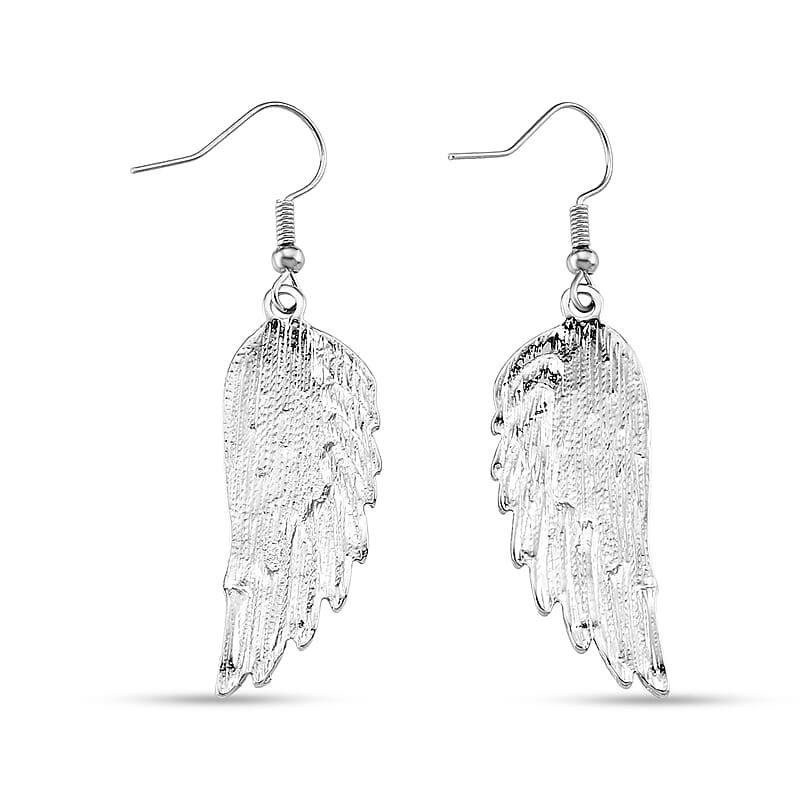 Enameled USA Flag Pattern Feather Earrings in Silvertone