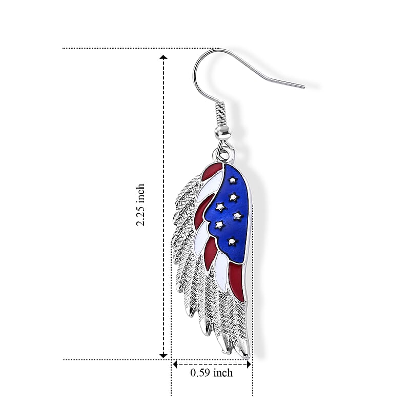 Enameled USA Flag Pattern Feather Earrings in Silvertone