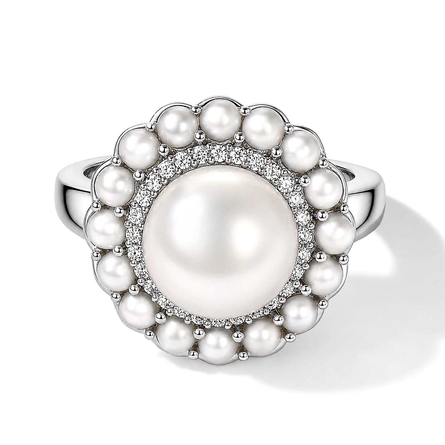 EverTrue Freshwater Pearl and White Zircon 0.25 ctw Ring in Platinum Bond (Size 5.0)