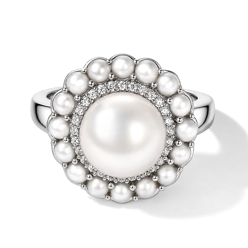 EverTrue Freshwater Pearl and White Zircon 0.25 ctw Halo Royale Ring in Platinum Bond (Size 5.0)