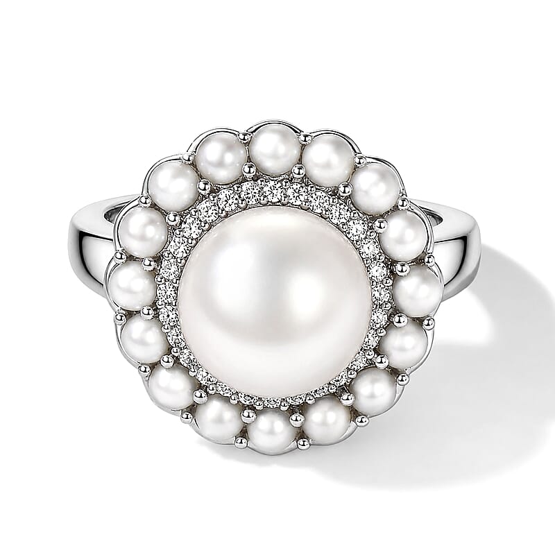 EverTrue Freshwater Pearl and White Zircon 0.25 ctw Ring in Platinum Bond (Size 5.0)