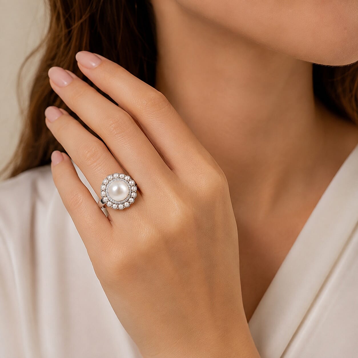EverTrue Freshwater Pearl and White Zircon 0.25 ctw Ring in Platinum Bond (Size 5.0)