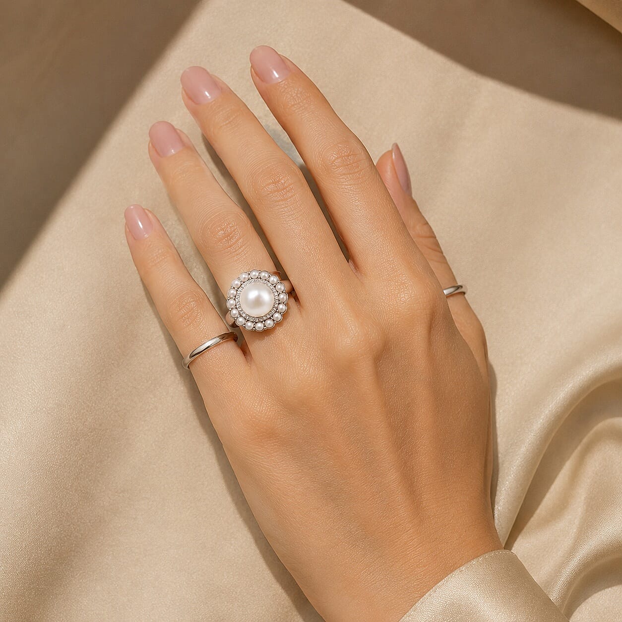 EverTrue Freshwater Pearl and White Zircon 0.25 ctw Ring in Platinum Bond (Size 5.0)