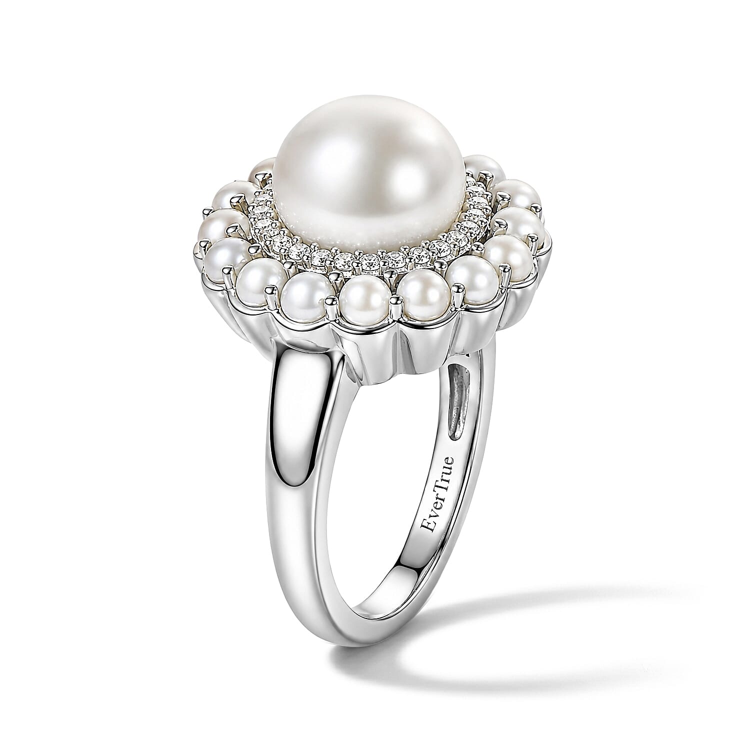EverTrue Freshwater Pearl and White Zircon 0.25 ctw Ring in Platinum Bond (Size 5.0)