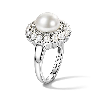 EverTrue Freshwater Pearl and White Zircon 0.25 ctw Ring in Platinum Bond (Size 5.0)