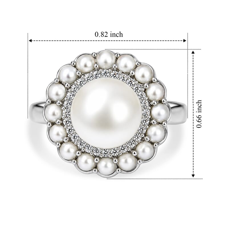 EverTrue Freshwater Pearl and White Zircon 0.25 ctw Halo Royale Ring in Platinum Bond (Size 5.0)
