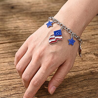 Austrian Multi Color Crystal USA Flag Pattern Charms Bracelet in Silvertone (7.5-9.5In)