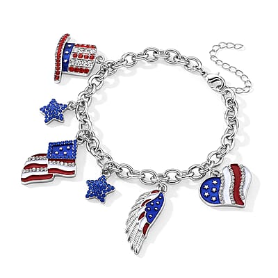Austrian Multi Color Crystal USA Flag Pattern Charms Bracelet in Silvertone (7.5-9.5In)