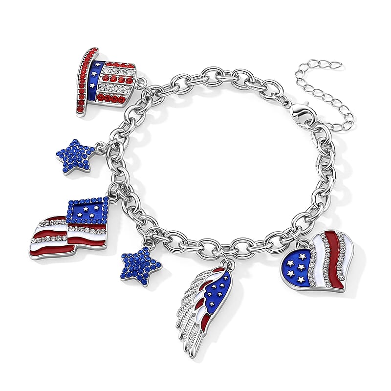 Multi Color Austrian Crystal USA Flag Pattern Charms Bracelet in Silvertone (7.5-9.5In)