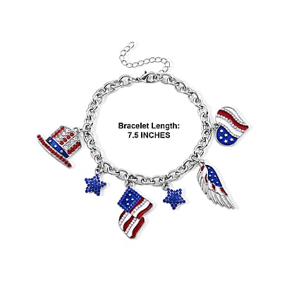 Austrian Multi Color Crystal USA Flag Pattern Charms Bracelet in Silvertone (7.5-9.5In)