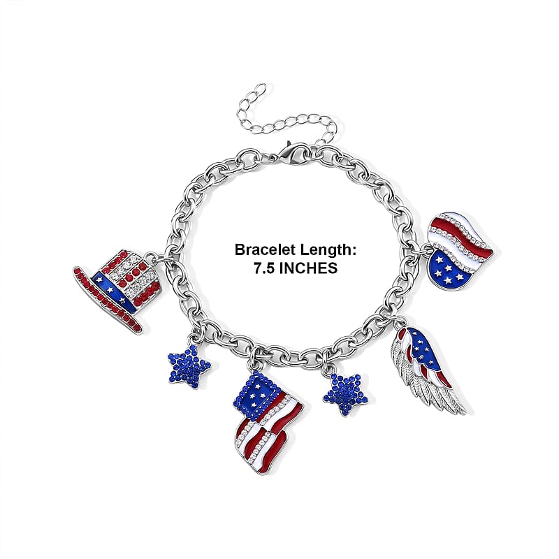 Multi Color Austrian Crystal USA Flag Pattern Charms Bracelet in Silvertone (7.5-9.5In)