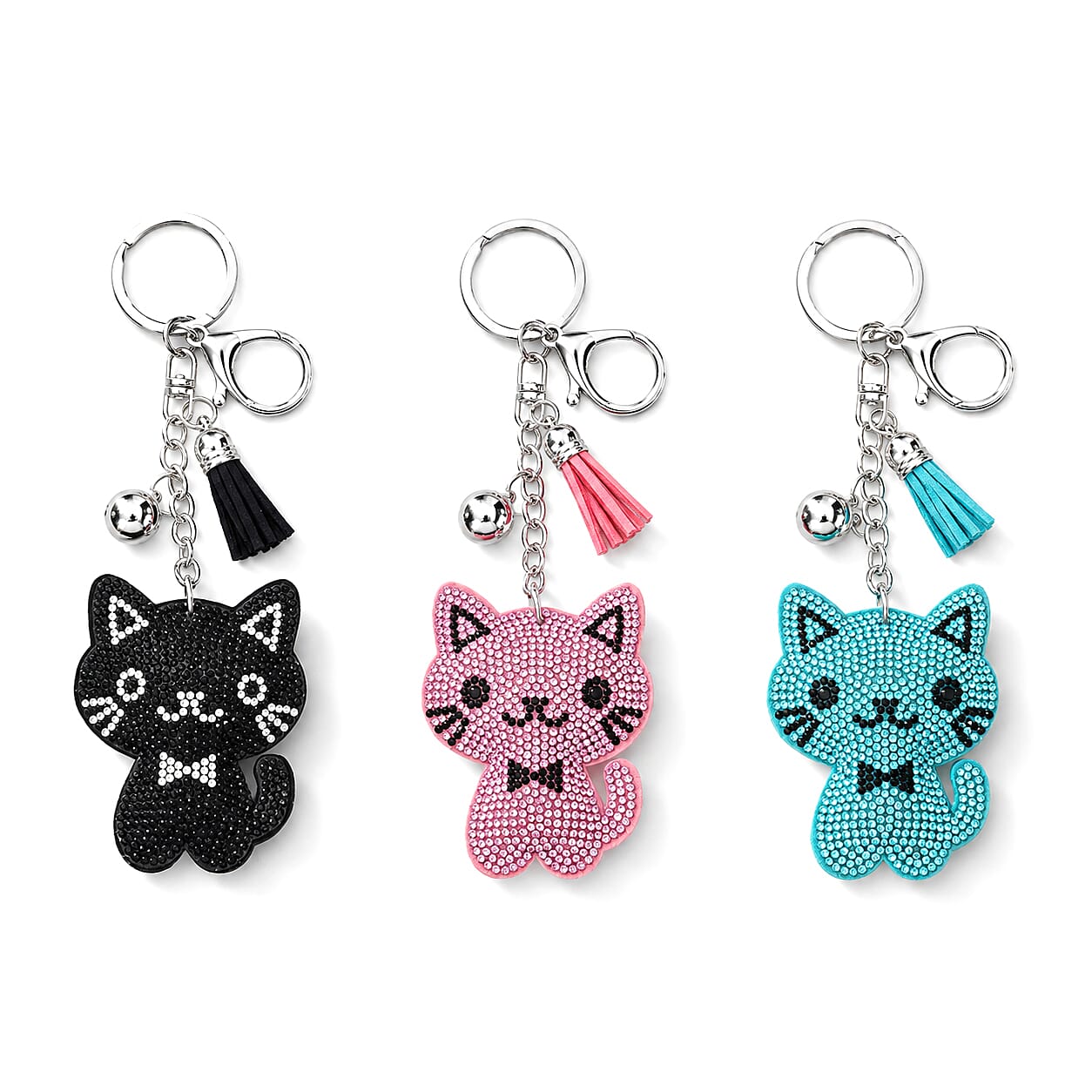 Livmore Black, Pink and Green Cat 3pcs Set Crystal Keyring