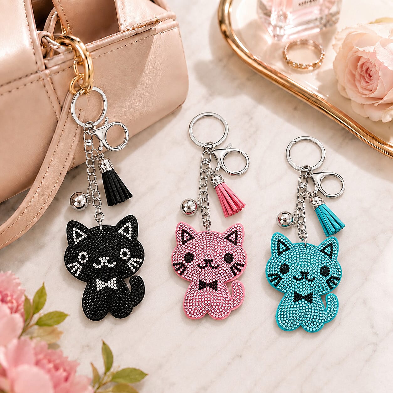 Livmore Black, Pink and Green Cat 3pcs Set Crystal Keyring