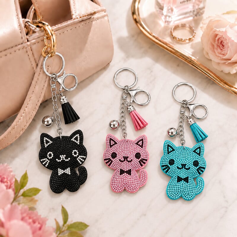 Livmore Black, Pink and Green Cat 3pcs Set Crystal Keyring