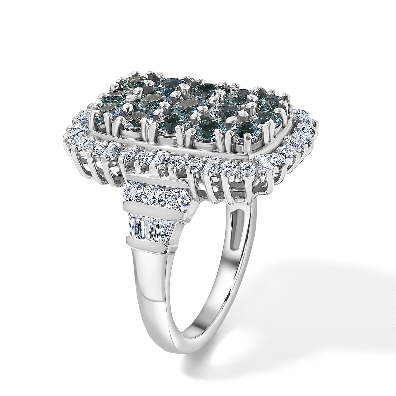 D'Joy Montana Sapphire and Moissanite 4.20 ctw Midnight Mosaic Ring in Rhodium Over Sterling Silver (Size 6.0)