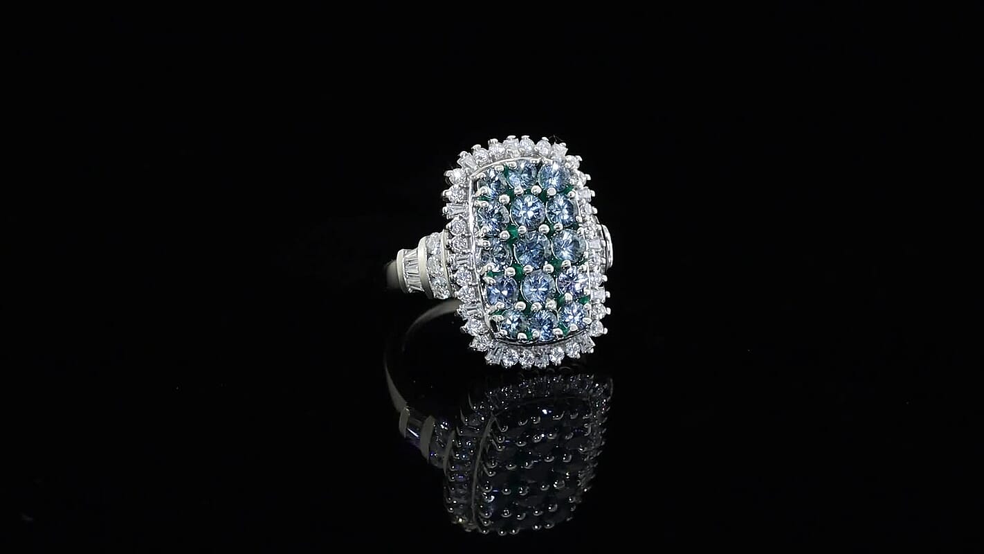 D'Joy Montana Sapphire, Moissanite Midnight Mosaic Ring in Rhodium Over Sterling Silver (Size 10.0) 3.80 ctw
