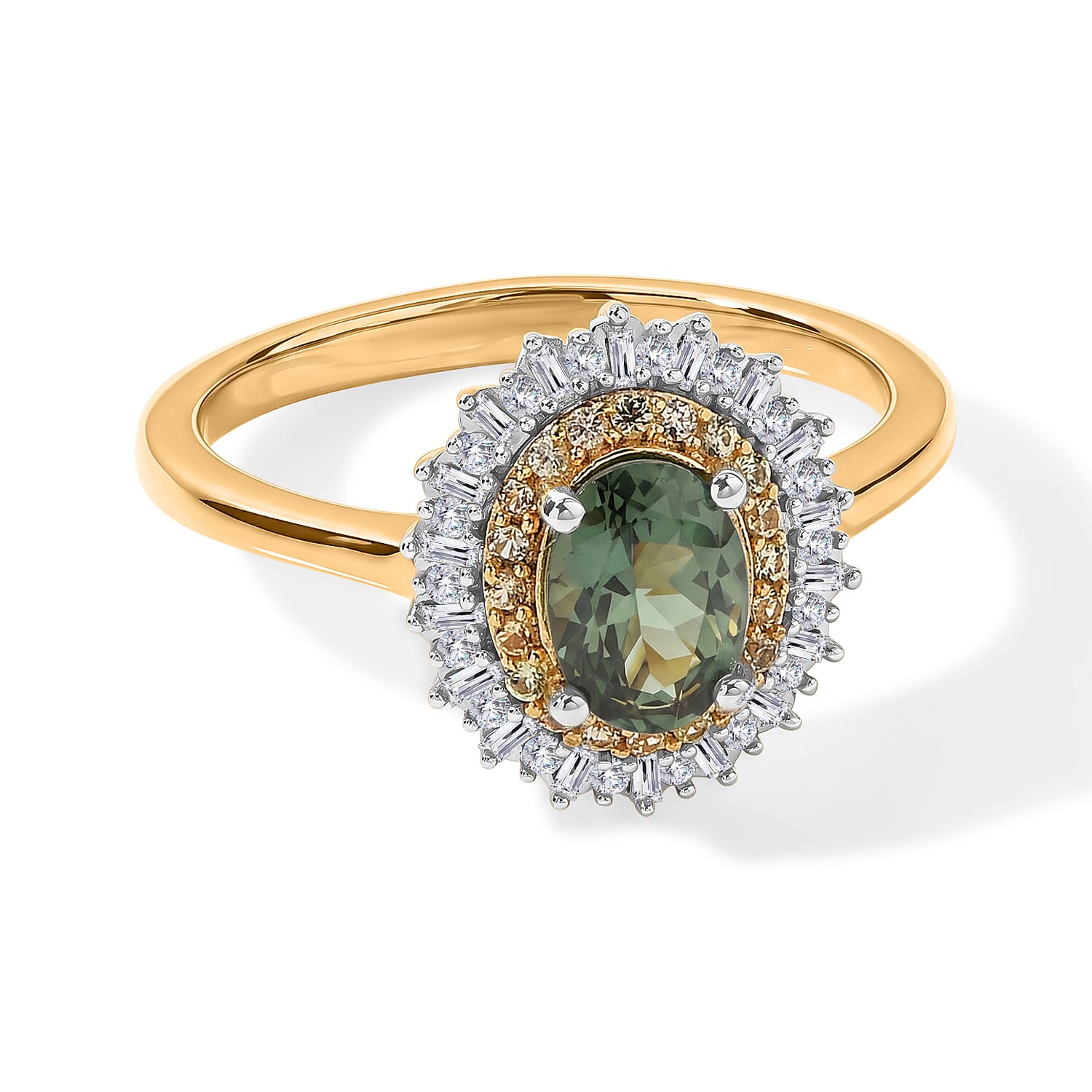 D''Joy Premium Tanzanian Natural Green Apatite, Yellow Sapphire and Diamond Ring in 18K Vermeil YG Over Sterling Silver (Size 7.0) 1.10 ctw