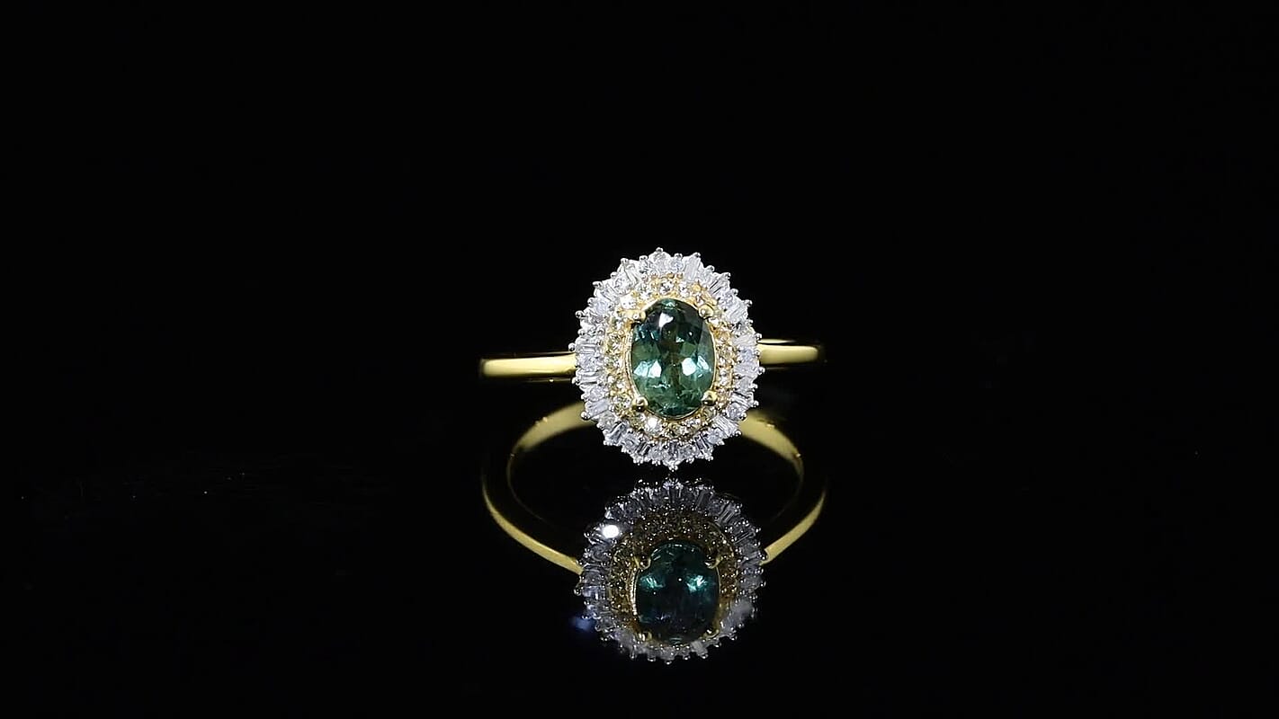 D''Joy Premium Tanzanian Natural Green Apatite, Yellow Sapphire and Diamond Ring in 18K Vermeil YG Over Sterling Silver (Size 7.0) 1.10 ctw