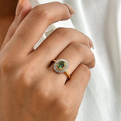 D'Joy Premium Natural Green Apatite and Yellow Sapphire and Diamond 1.10 ctw Sunbeam Elegance Ring in 18K Vermeil Yellow Gold Over Sterling Silver (Size 5.0)