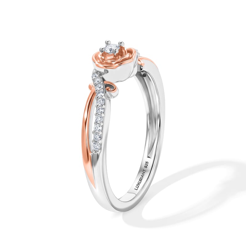 Luxuriant Lab Grown Diamond G-H SI 0.15 ctw Rose Floral Ring in 18K Vermeil RG and Rhodium Over Sterling Silver (Size 5.0)
