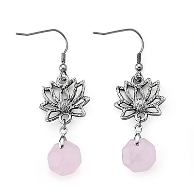 Rose Quartz 15.00 ctw and Glass Earrings in Silvertone