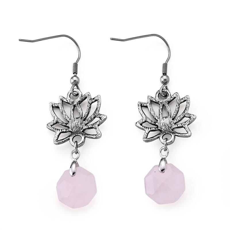 Rose Quartz 15.00 ctw and Glass Earrings in Silvertone