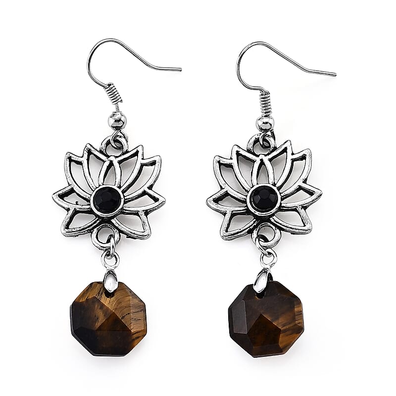 Yellow Tigers Eye 15.00 ctw and Glass Earrings in Silvertone