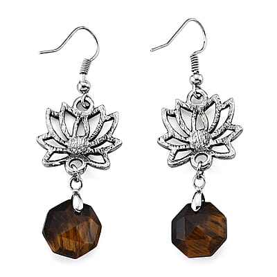 Yellow Tigers Eye 15.00 ctw and Glass Earrings in Silvertone