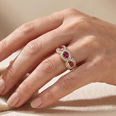 D'Joy Premium Niassa Ruby (FF) and Moissanite 1.35 ctw Trio Glow Ring in 18K Vermeil YG Over Sterling Silver (Size 5.0)