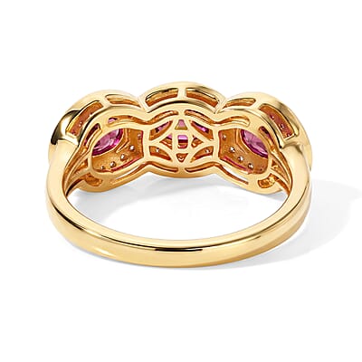 D'Joy Premium Niassa Ruby (FF) and Moissanite 1.35 ctw Trio Glow Ring in 18K Vermeil YG Over Sterling Silver (Size 5.0)
