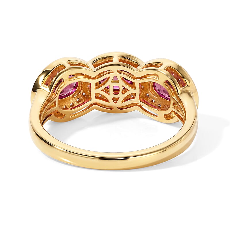 D'Joy Premium Niassa Ruby (FF) and Moissanite 1.35 ctw Trio Glow Ring in 18K Vermeil YG Over Sterling Silver (Size 5.0)