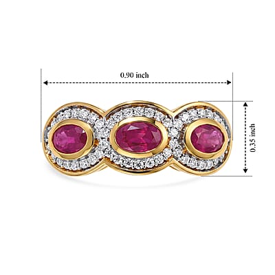 D'Joy Premium Niassa Ruby (FF) and Moissanite 1.35 ctw Trio Glow Ring in 18K Vermeil YG Over Sterling Silver (Size 5.0)