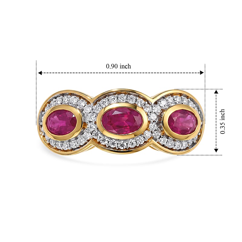 D'Joy Premium Niassa Ruby (FF) and Moissanite 1.35 ctw Trio Glow Ring in 18K Vermeil YG Over Sterling Silver (Size 5.0)