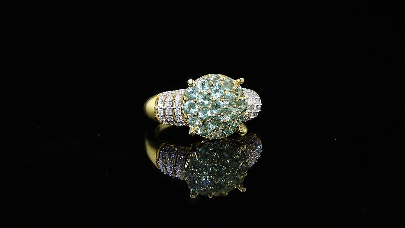 D''Joy Premium Tanzanian Natural Green Apatite, Moissanite Ring in 18K Vermeil YG Over Sterling Silver (Size 7.0) 1.60 ctw