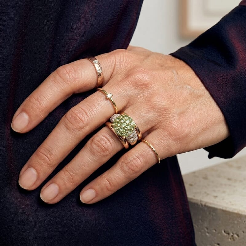 D'Joy Premium Natural Green Apatite and Moissanite 1.60 ctw Green Foliage Ring in 18K Vermeil Yellow Gold Over Sterling Silver (Size 6.0)