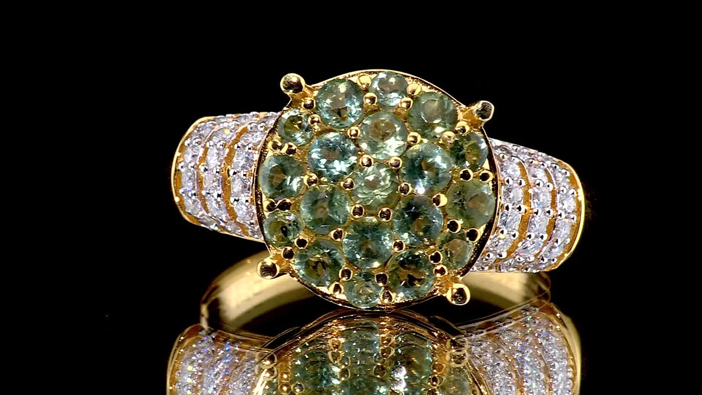 D''Joy Premium Tanzanian Natural Green Apatite, Moissanite Ring in 18K Vermeil YG Over Sterling Silver (Size 7.0) 1.60 ctw