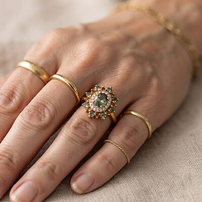 D'Joy Premium Natural Green Apatite and Multi Gemstone 1.10 ctw Verdant Blossom Ring in 18K Vermeil Yellow Gold Over Sterling Silver (Size 5.0)