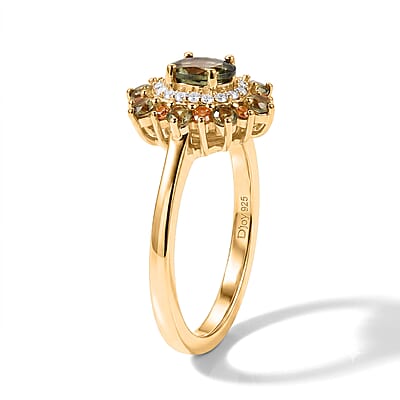 D'Joy Premium Natural Green Apatite and Multi Gemstone 1.10 ctw Verdant Blossom Ring in 18K Vermeil Yellow Gold Over Sterling Silver (Size 5.0)