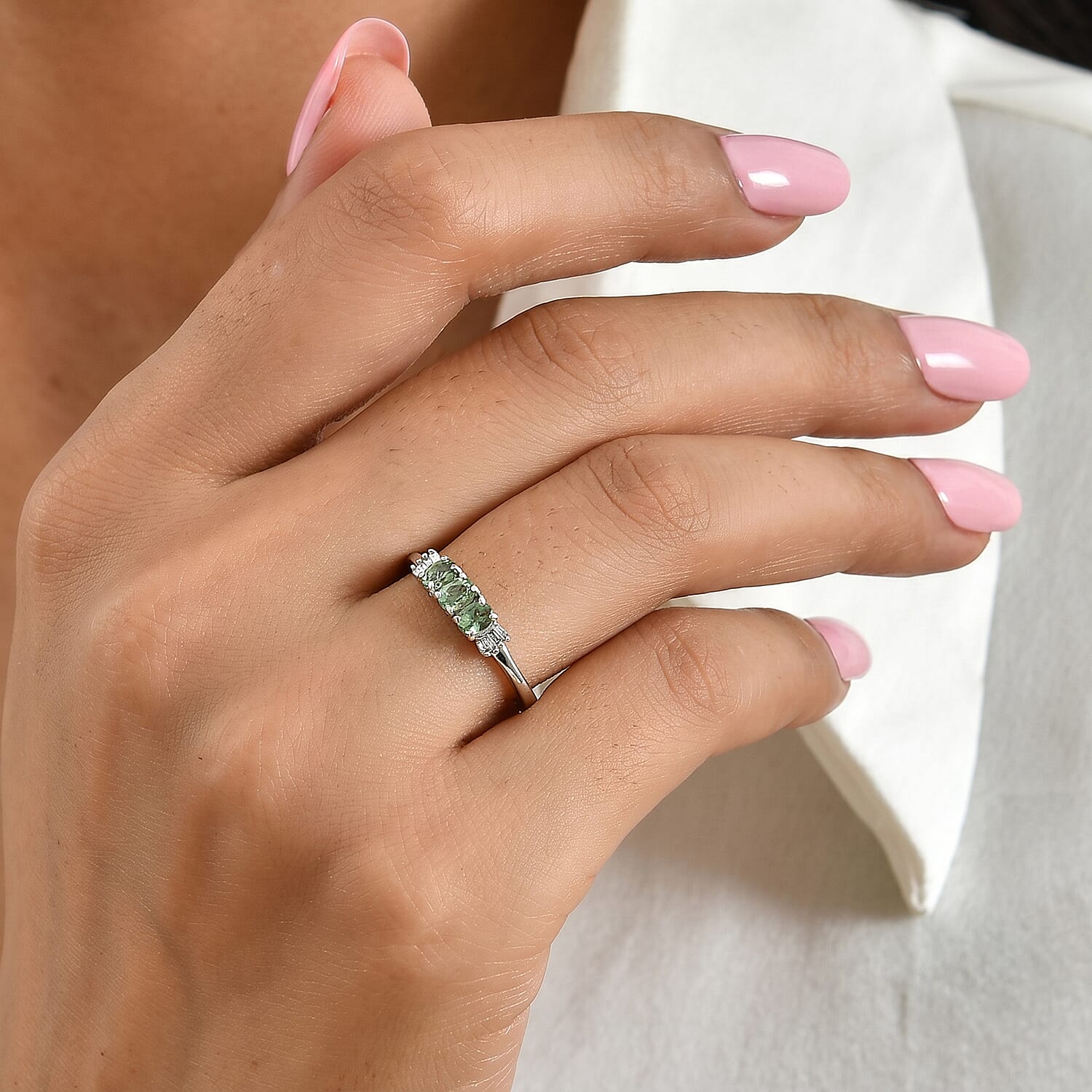 D'Joy Premium Natural Green Apatite and Diamond 0.65 ctw Trilogy Ring in Rhodium Over Sterling Silver (Size 5.0)