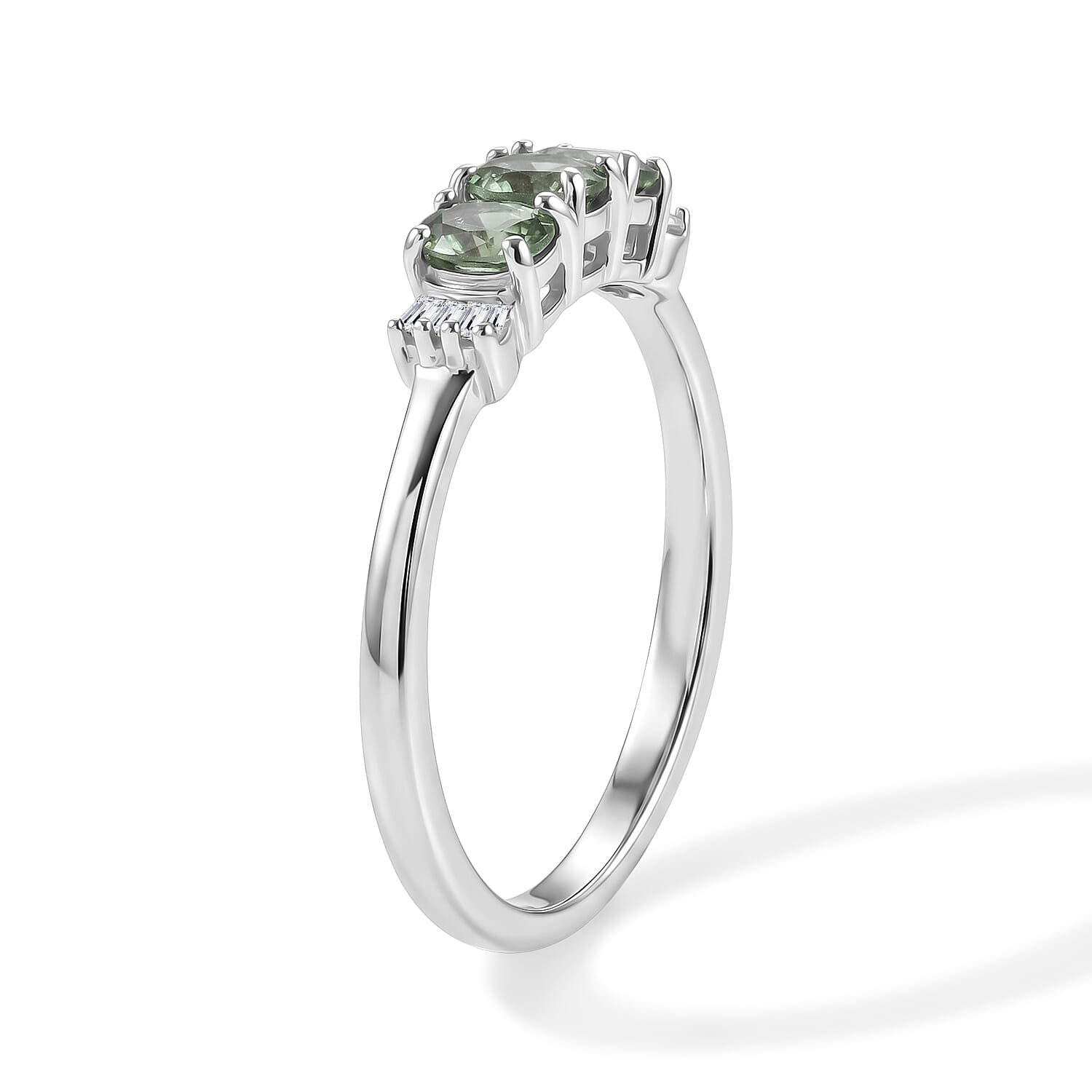 D'Joy Premium Natural Green Apatite and Diamond 0.65 ctw Trilogy Ring in Rhodium Over Sterling Silver (Size 5.0)