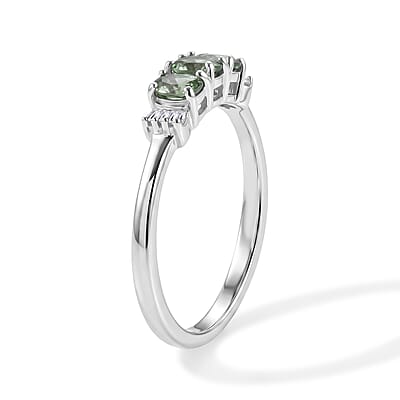 D'Joy Premium Natural Green Apatite and Diamond 0.65 ctw Trilogy Ring in Rhodium Over Sterling Silver (Size 5.0)