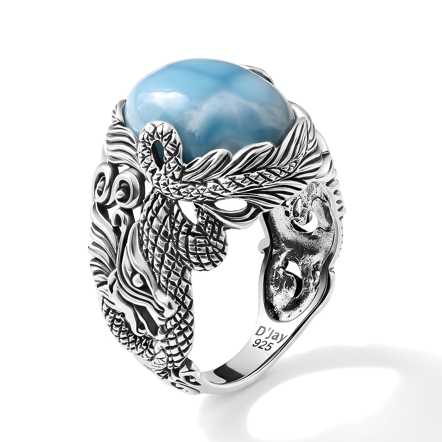 D'Joy Bali Legacy AAA Larimar 14.00 ctw Dragon Ring in Sterling Silver (Size 5.0)