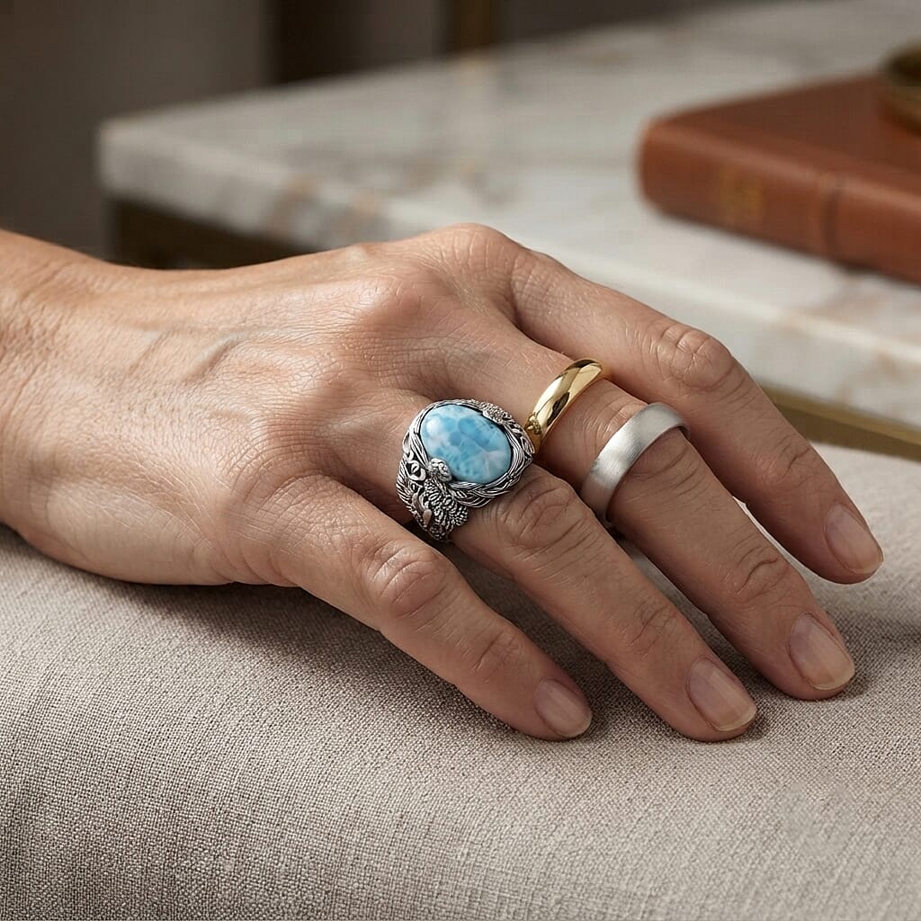 D'Joy Bali Legacy AAA Larimar 11.20 ctw Dragon Ring in Sterling Silver (Size 8.0)